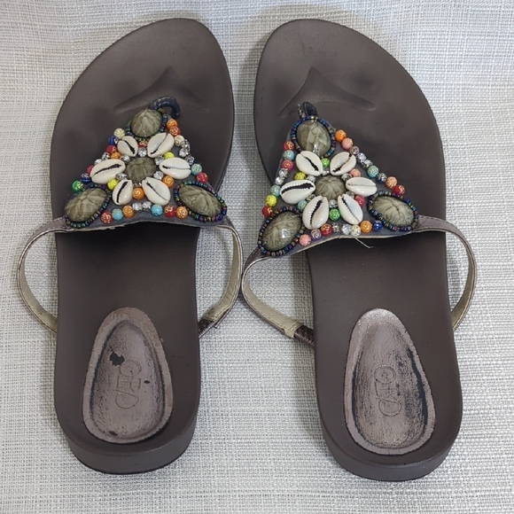 Cato Embellished Brown Sandals Women's Beaded Casual Seashell Flat - Picture 5 of 9